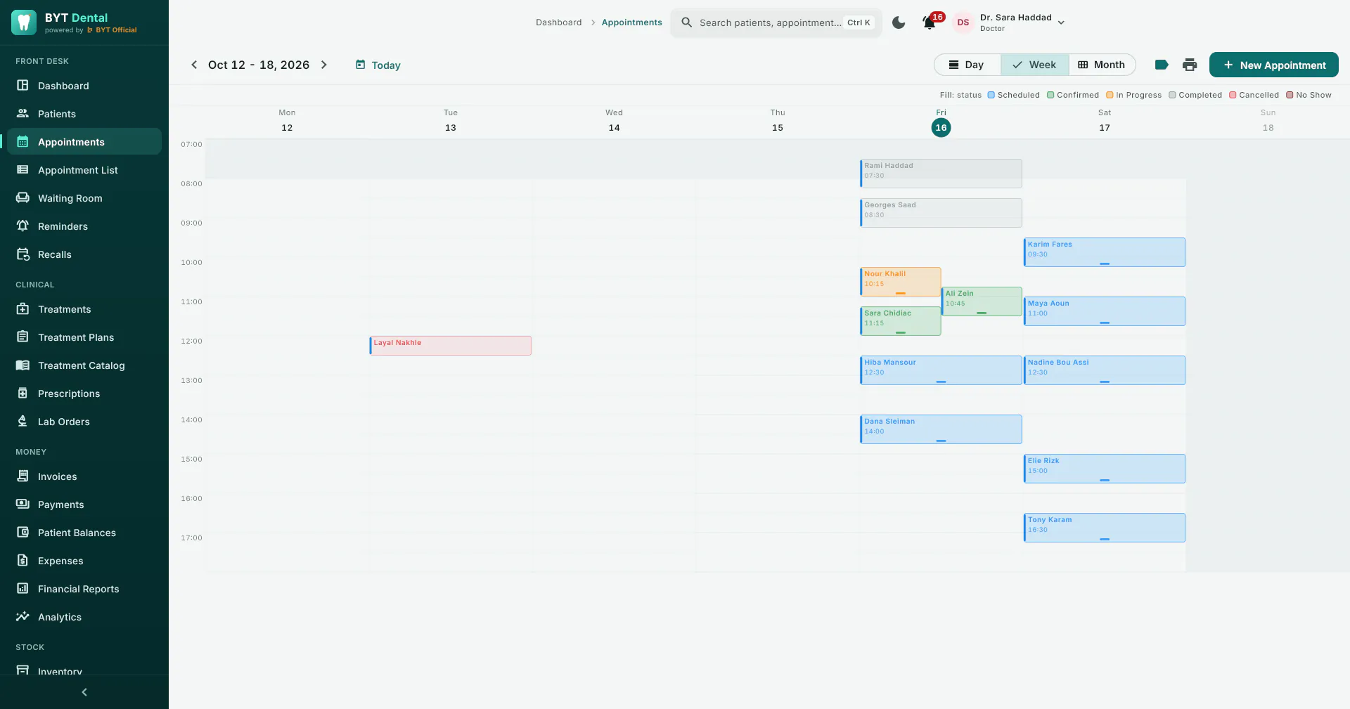 Weekly appointment calendar, with each visit colour-coded by status: scheduled, confirmed, in progress, completed or cancelled.